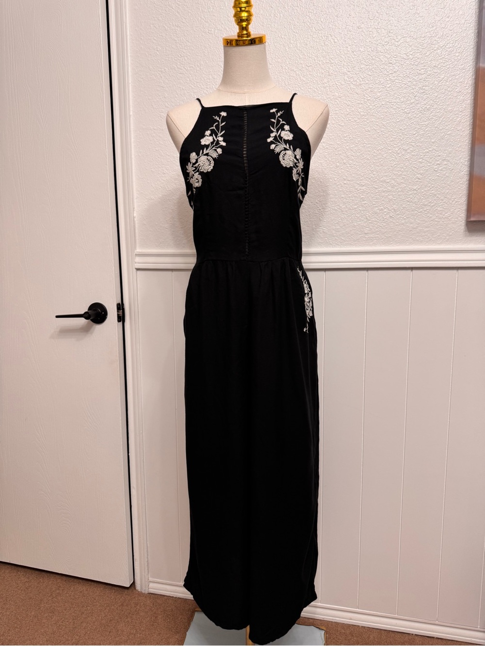 American Eagle Outfitters Black Maxi Jumpsuit with White Floral Embroidery